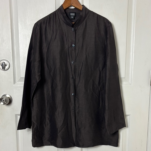 Eileen Fisher Brown Linen Silk Blend Tunic Size Medium Mother of Pearl buttons - Picture 1 of 12